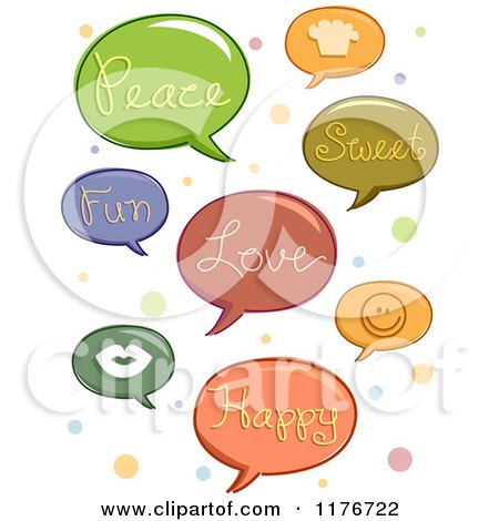 Cartoon of Speech Balloons with Words and Icons over Polka Dots - Royalty Free Vector Clipart by BNP Design Studio