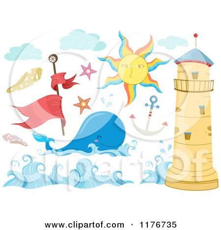 Cartoon of a Whale Lighthouse Sun and Nautical Design Elements - Royalty Free Vector Clipart by BNP Design Studio