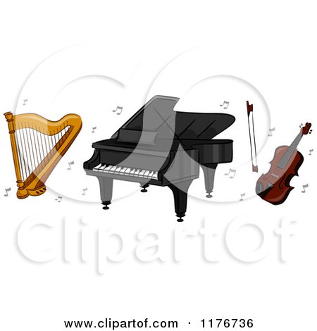 Cartoon of a Harp Piano and Violin with Music Notes - Royalty Free Vector Clipart by BNP Design Studio