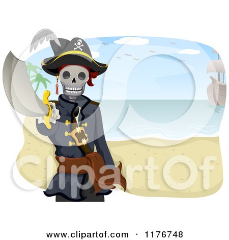 Cartoon of a Pirate Skeleton Holding a Sword on a Beach - Royalty Free Vector Clipart by BNP Design Studio