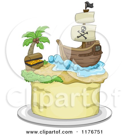 Cartoon of a Pirate Themed Cake with a Ship and Treasure Chest - Royalty Free Vector Clipart by BNP Design Studio