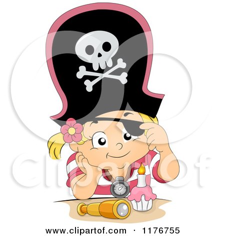 Cartoon of a Birthday Pirate Girl Lifting Her Eye Patch and Sitting with a Cupcake - Royalty Free Vector Clipart by BNP Design Studio