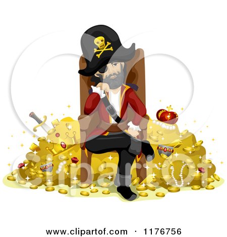 Cartoon of a Pirate Sitting on a Throne and Guarding His Treasure - Royalty Free Vector Clipart by BNP Design Studio