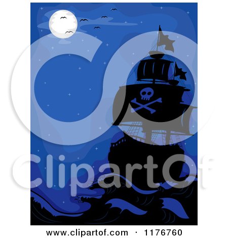 Cartoon of a Background of a Pirate Ship and Gulls at Night Under a Full Moon - Royalty Free Vector Clipart by BNP Design Studio