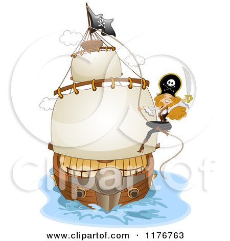 Cartoon of a Female Pirate Swinging on a Rope of a Ship with a Sword - Royalty Free Vector Clipart by BNP Design Studio