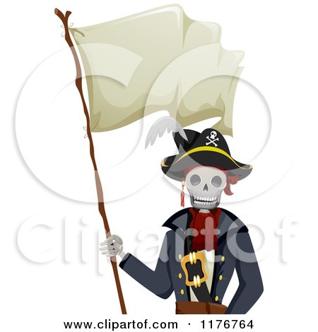 Cartoon of a Pirate Skeleton Holding a Waving Flag - Royalty Free Vector Clipart by BNP Design Studio