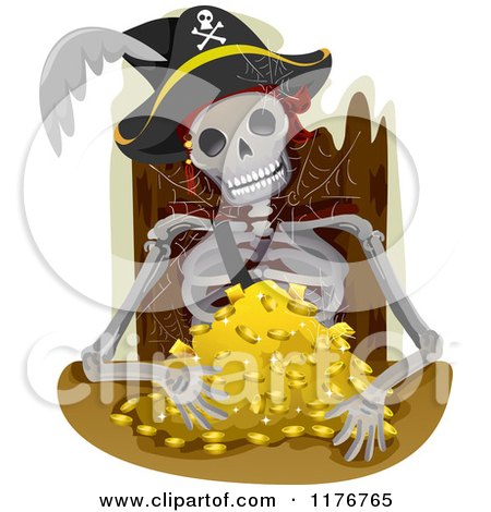 Cartoon of Pirate Skeleton Remains Sitting with a Pile of Gold - Royalty Free Vector Clipart by BNP Design Studio