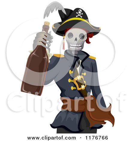 Cartoon of a Pirate Skeleton Holding a Bottle of Rum - Royalty Free Vector Clipart by BNP Design Studio