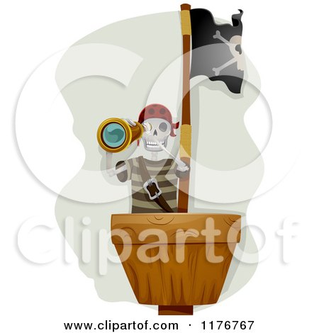 Cartoon of a Pirate Skeleton Looking out in a Crows Nest - Royalty Free Vector Clipart by BNP Design Studio