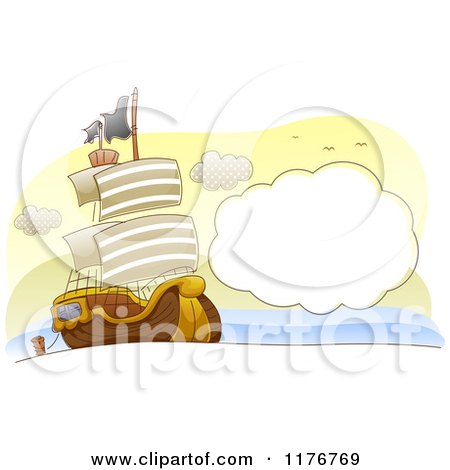Cartoon of a Pirate Ship on the Sea with a Cloud Frame - Royalty Free Vector Clipart by BNP Design Studio