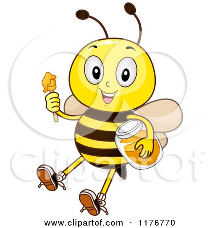 Cartoon of a Happy Bee with a Honey Jar and Dipper - Royalty Free Vector Clipart by BNP Design Studio