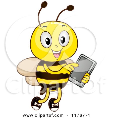 Cartoon of a Happy Bee Using a Tablet Computer - Royalty Free Vector Clipart by BNP Design Studio