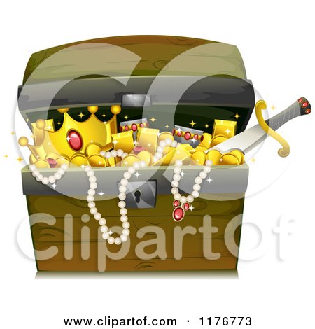 Cartoon of a Wooden Trunk Full of Treasure - Royalty Free Vector Clipart by BNP Design Studio