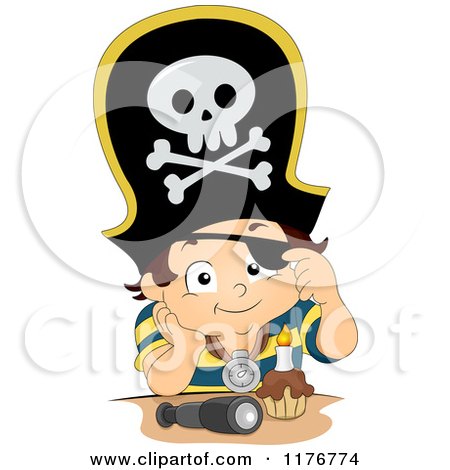 Cartoon of a Pirate Birthday Boy With a Cupcake - Royalty Free Vector Clipart by BNP Design Studio