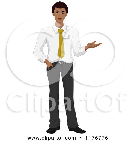 Cartoon of a Smiling African American Businessman Presenting with One Hand - Royalty Free Vector Clipartb by BNP Design Studio