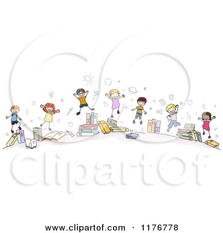 Cartoon of Happy Stick Children Jumping by Books - Royalty Free Vector Clipart by BNP Design Studio