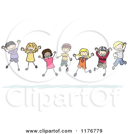 Cartoon of Happy Multi Ethnic and Gender Stick Children Jumping - Royalty Free Vector Clipart by BNP Design Studio