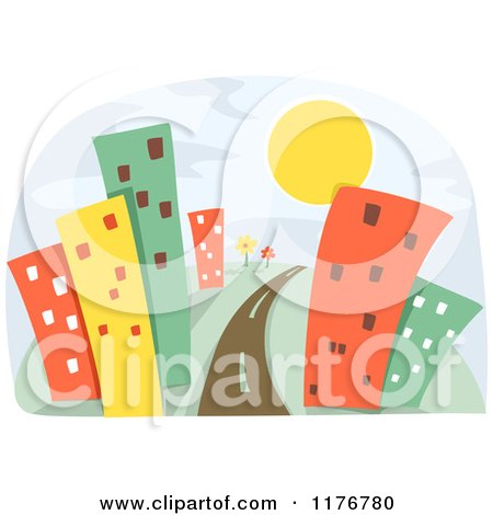 Cartoon of a Road Leading Through Urban Skyscrapers and the Sun - Royalty Free Vector Clipart by BNP Design Studio