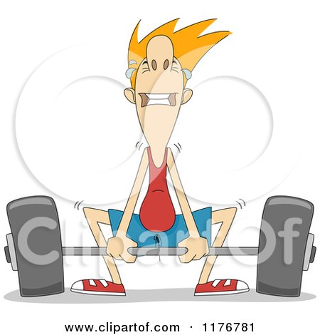 Cartoon of a Skinny Man Straining to Lift a Heavy Barbell - Royalty Free Vector Clipart by BNP Design Studio