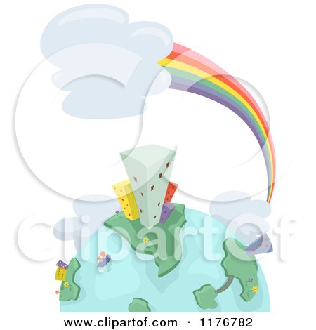 Cartoon of a Globe with Urban Factories and a Rainbow - Royalty Free Vector Clipart by BNP Design Studio