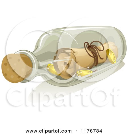 Cartoon of a Treasure Map and Gold Coins in a Bottle - Royalty Free Vector Clipart by BNP Design Studio