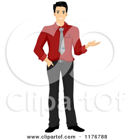 Cartoon of a Smiling Asian Businessman Presenting with One Hand - Royalty Free Vector Clipart by BNP Design Studio