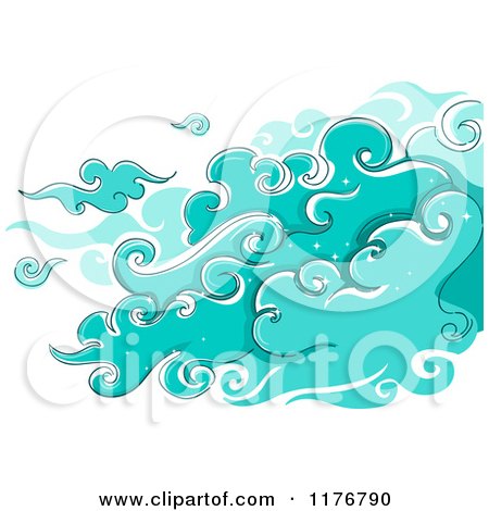 Cartoon of Swirly Turquoise Clouds with Star Sparkles - Royalty Free Vector Clipart by BNP Design Studio