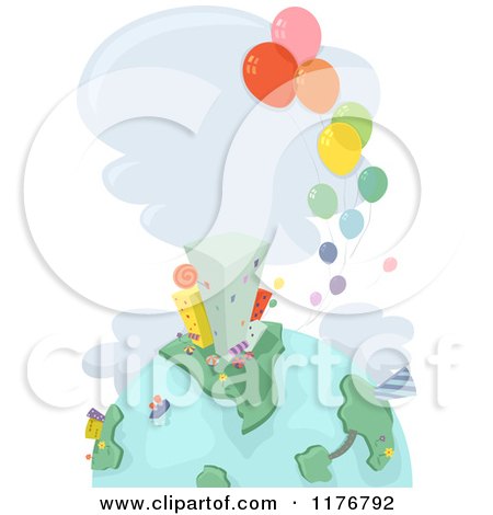Cartoon of a Globe with Urban Buildings and Balloons - Royalty Free Vector Clipart by BNP Design Studio