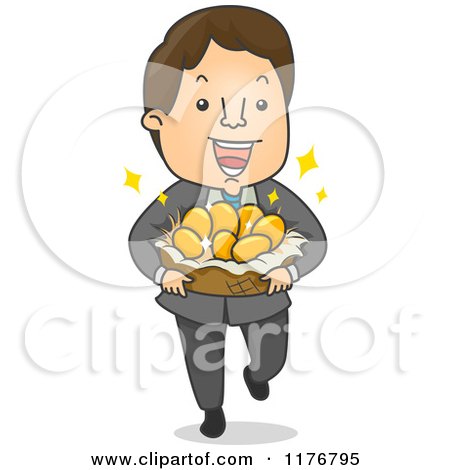 Cartoon of a Happy Businessman Carrying a Basket of Gold Eggs - Royalty Free Vector Clipart by BNP Design Studio