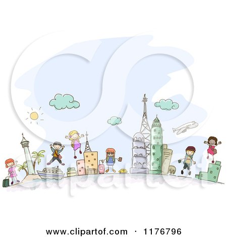 Cartoon of Happy Diverse Stick Children with Travel Destinations - Royalty Free Vector Clipart by BNP Design Studio