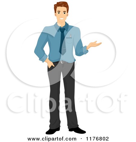 Cartoon of a Smiling Caucasian Businessman Presenting with One Hand - Royalty Free Vector Clipartb by BNP Design Studio