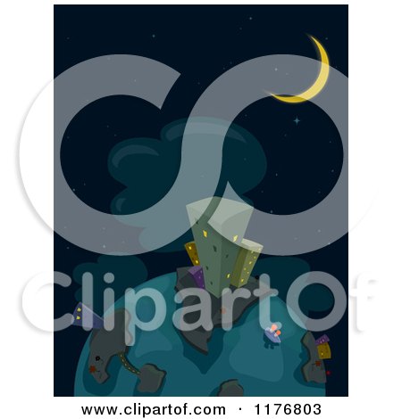 Cartoon of a Globe with Urban Buildings and a Crescent Moon at Night - Royalty Free Vector Clipart by BNP Design Studio