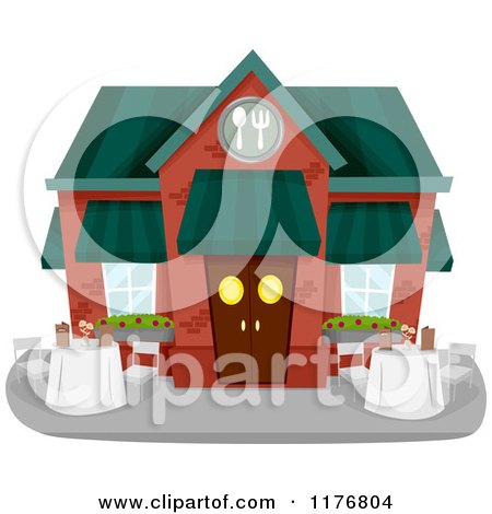Cartoon of a Restaurant Building Exterior with Outdoor Dining - Royalty Free Vector Clipart by BNP Design Studio