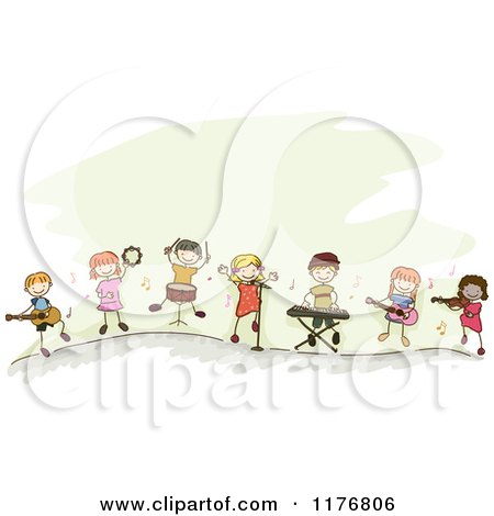 Cartoon of Happy Stick Children Playing Music Instruments Together - Royalty Free Vector Clipart by BNP Design Studio