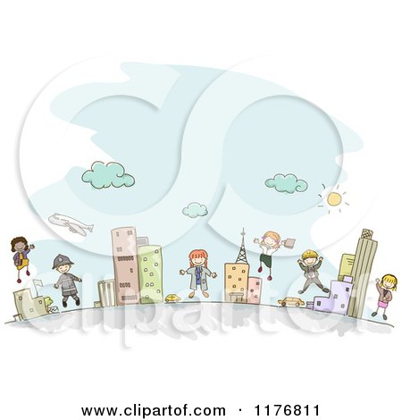 Cartoon of Happy Stick Children Wearing Occupational Uniforms in a City - Royalty Free Vector Clipart by BNP Design Studio
