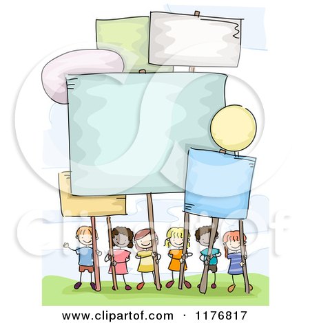 Cartoon of Happy Diverse Stick Children with Signs - Royalty Free Vector Clipart by BNP Design Studio