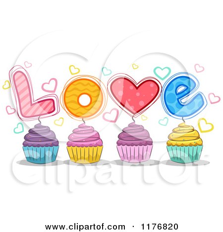 Cartoon of Colorful Cupcakes with LOVE Garnishes - Royalty Free Vector Clipart by BNP Design Studio