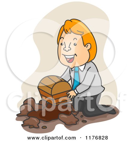 Cartoon of a Businessman Buring a Treasure Chest - Royalty Free Vector Clipart by BNP Design Studio