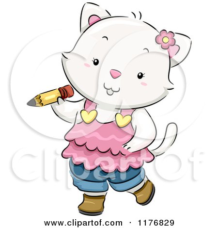 Cartoon of a White Kitten in Clothing, Carrying a Pencil - Royalty Free Vector Clipart by BNP Design Studio