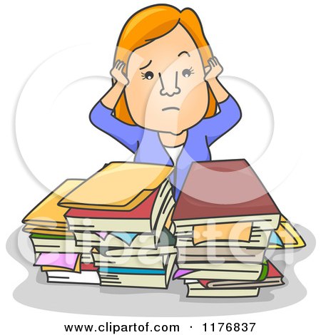 Cartoon of an Overwhelmed Businesswoman with Files Stacked on Her Desk - Royalty Free Vector Clipart by BNP Design Studio