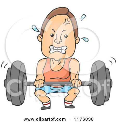 Cartoon of a Man Gritting His Teeth and Lifting a Heavy Barbell - Royalty Free Vector Clipart by BNP Design Studio