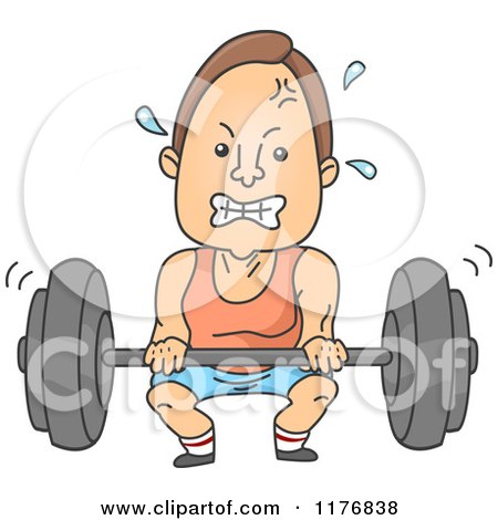 Cartoon of a Skinny Man Straining to Lift a Heavy Barbell - Royalty ...