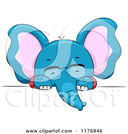 Cartoon of a Blue Elephant with Glasses, Looking over a Sign - Royalty Free Vector Clipart by BNP Design Studio