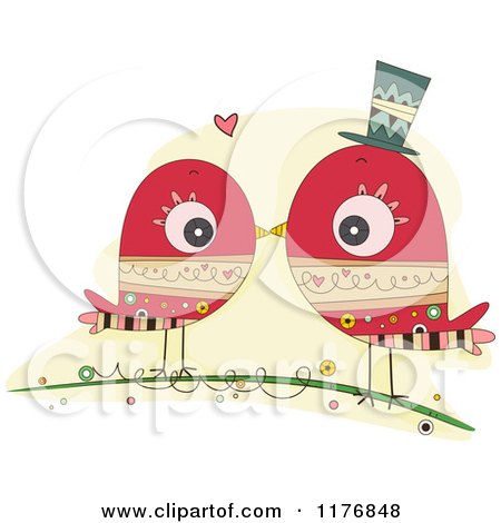 Cartoon of a Red Doodle Bird Couple Kissing on a Branch - Royalty Free Vector Clipart by BNP Design Studio