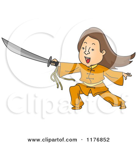 Cartoon of a Wushu Woman Holding a Sword - Royalty Free Vector Clipart by BNP Design Studio