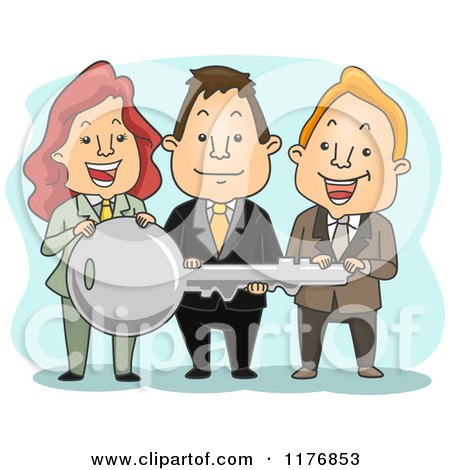 Cartoon of a Happy Business Team Holding a Large Key - Royalty Free Vector Clipart by BNP Design Studio