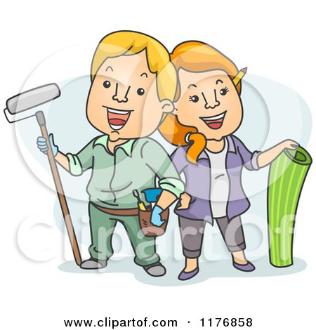 Cartoon of a Happy DIY Couple with Painting and Wallpaper Gear - Royalty Free Vector Clipart by BNP Design Studio