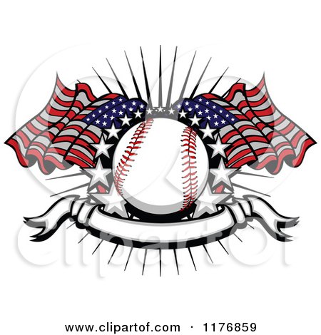 Clipart of a Baseball with American Flags Stars and a Blank Banner - Royalty Free Vector Illustration by Chromaco