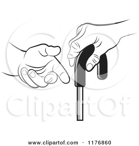 Clipart of a Black and White Helping Hand Offering Assistance to a Senior Hand on a Cane - Royalty Free Vector Illustration by Lal Perera