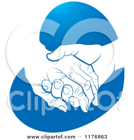 Clipart of a Young Hand Holding a Senior Hand on a Blue Heart - Royalty Free Vector Illustration by Lal Perera